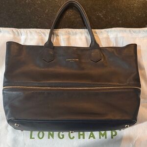 Longchamp Leather Tote Convertible Shoulder Bag Black Gold Zipper laptop 2 in 1